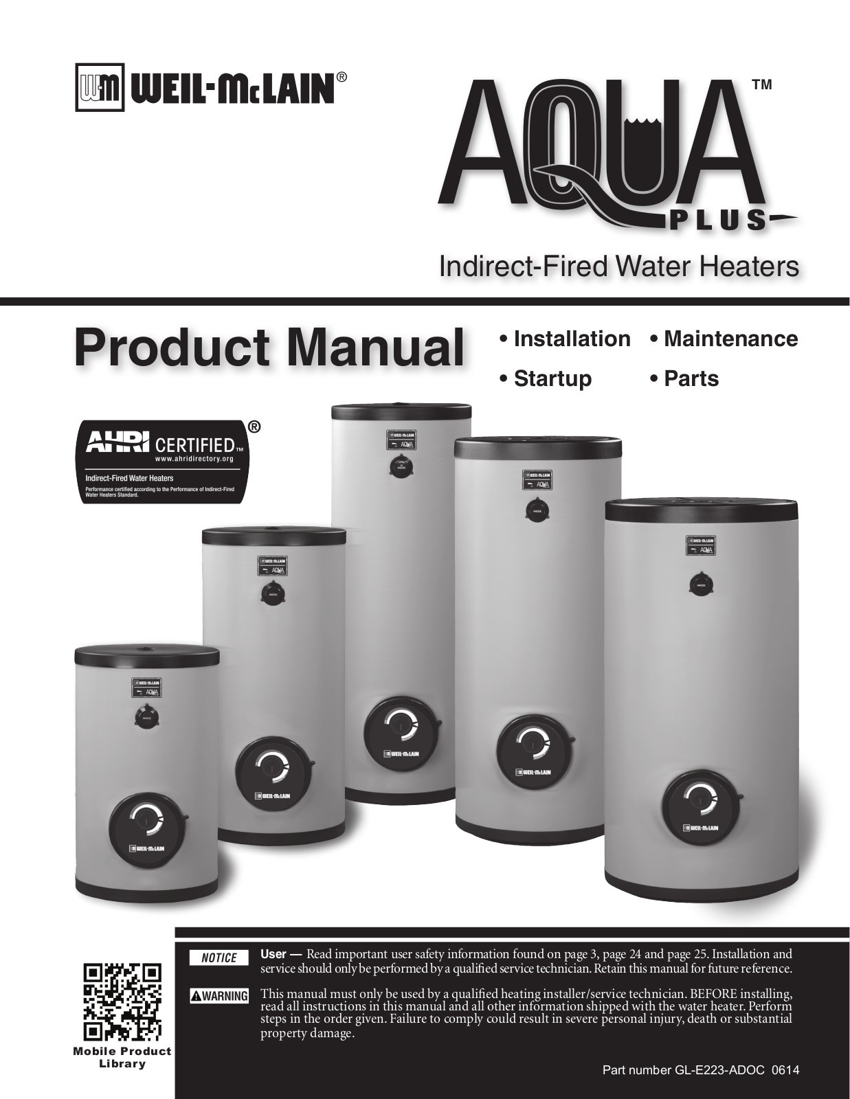 Weil-McLain AQUA PLUS 35, AQUA PLUS 45, AQUA PLUS 55, AQUA PLUS 85, AQUA PLUS 105 User Manual