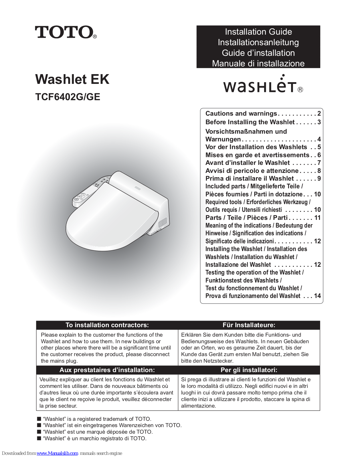 Toto Washlet EK TCF6402G, Washlet EK TCF6402GE Installation Manual