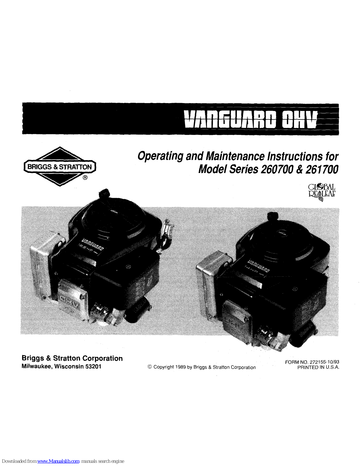 Briggs & Stratton 260700, 261700, Vanguard OHV 260700, Vanguard OHV 261700 Operating And Maintenance Instructions Manual