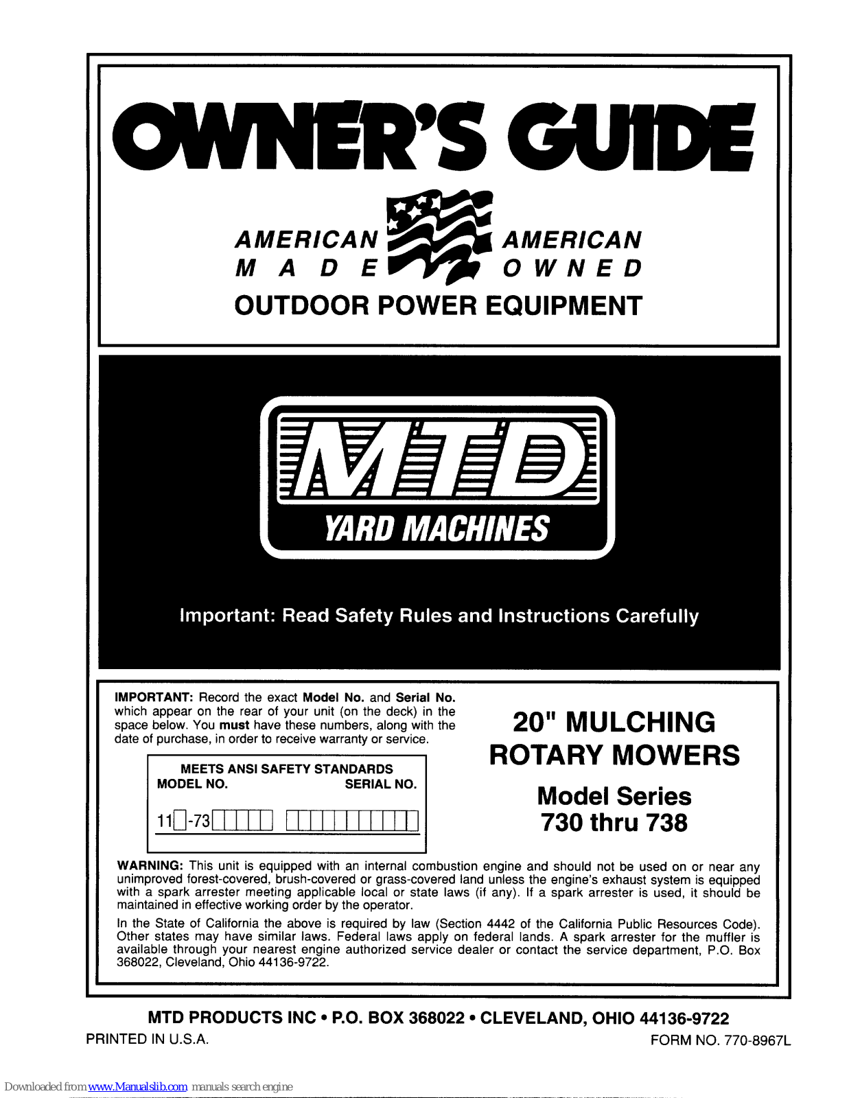 Yard Machines 738, 730 Owner's Manual