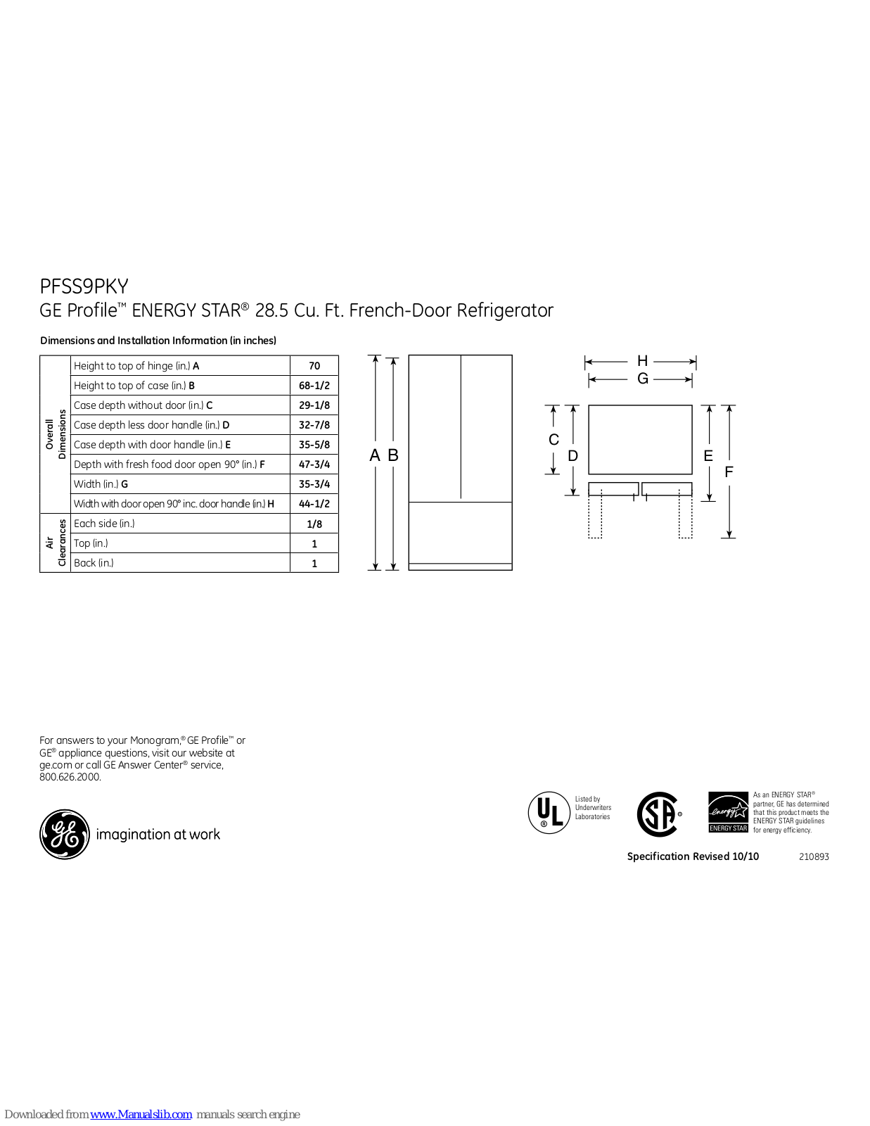 GE PFSS9PKYSS - 28.5 CF Ref, Profile ENERGY STAR PFSS9PKY Dimensions And Installation Information