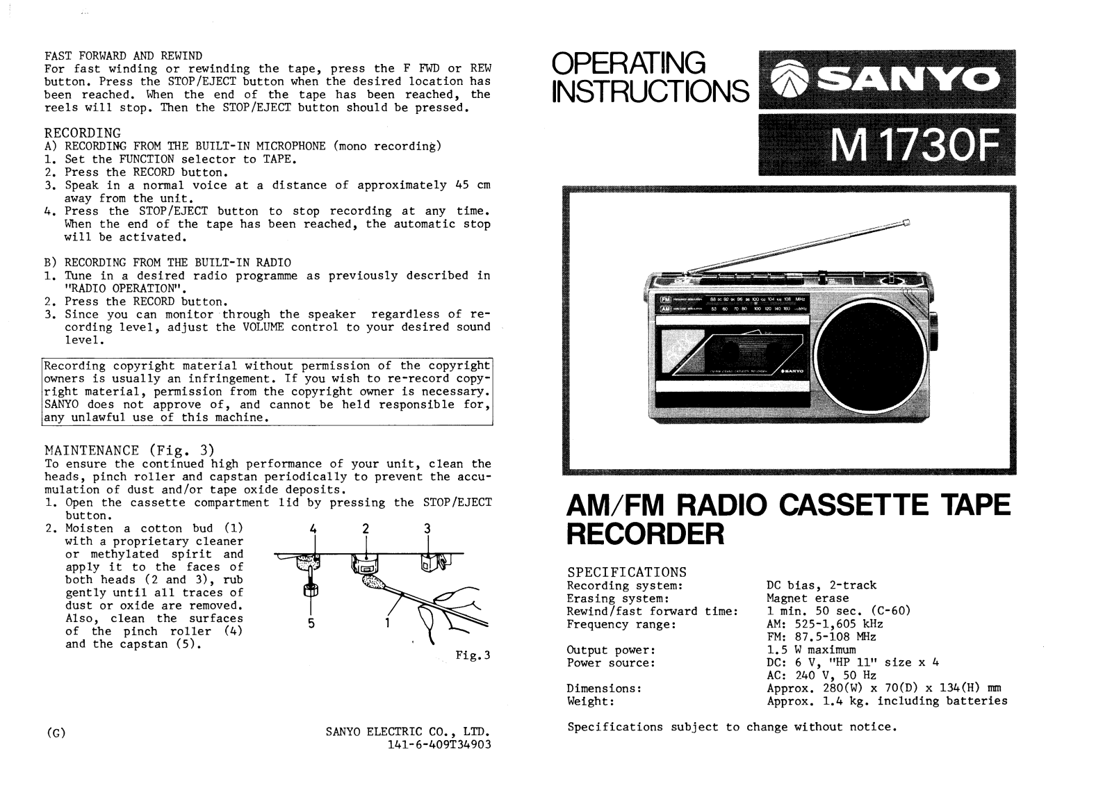 Sanyo M 1730F Instruction Manual