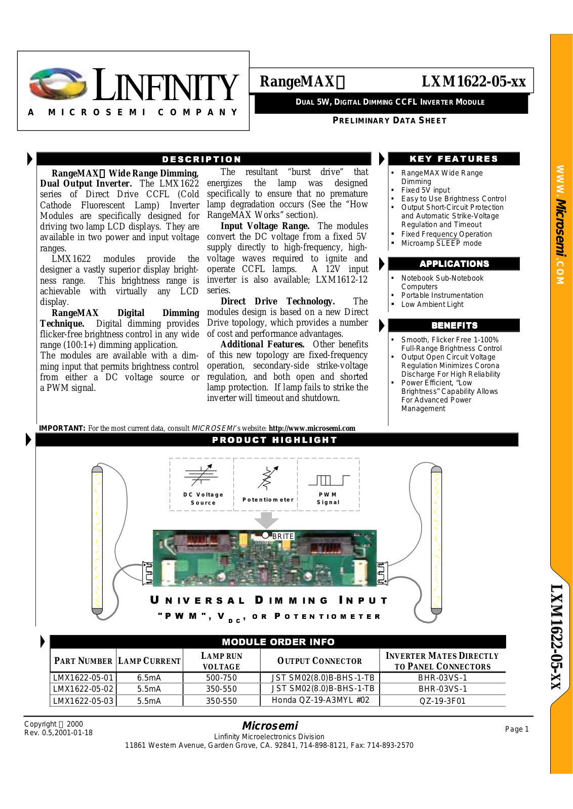 Microsemi Corporation LXM1622-05-03, LXM1622-05-02, LXM1622-05-01 Datasheet