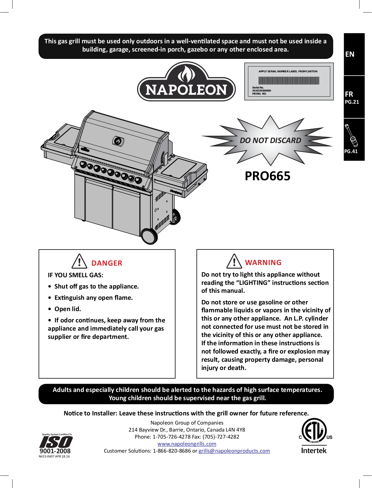 Napoleon PRO665RSIBNSS2 User Manual