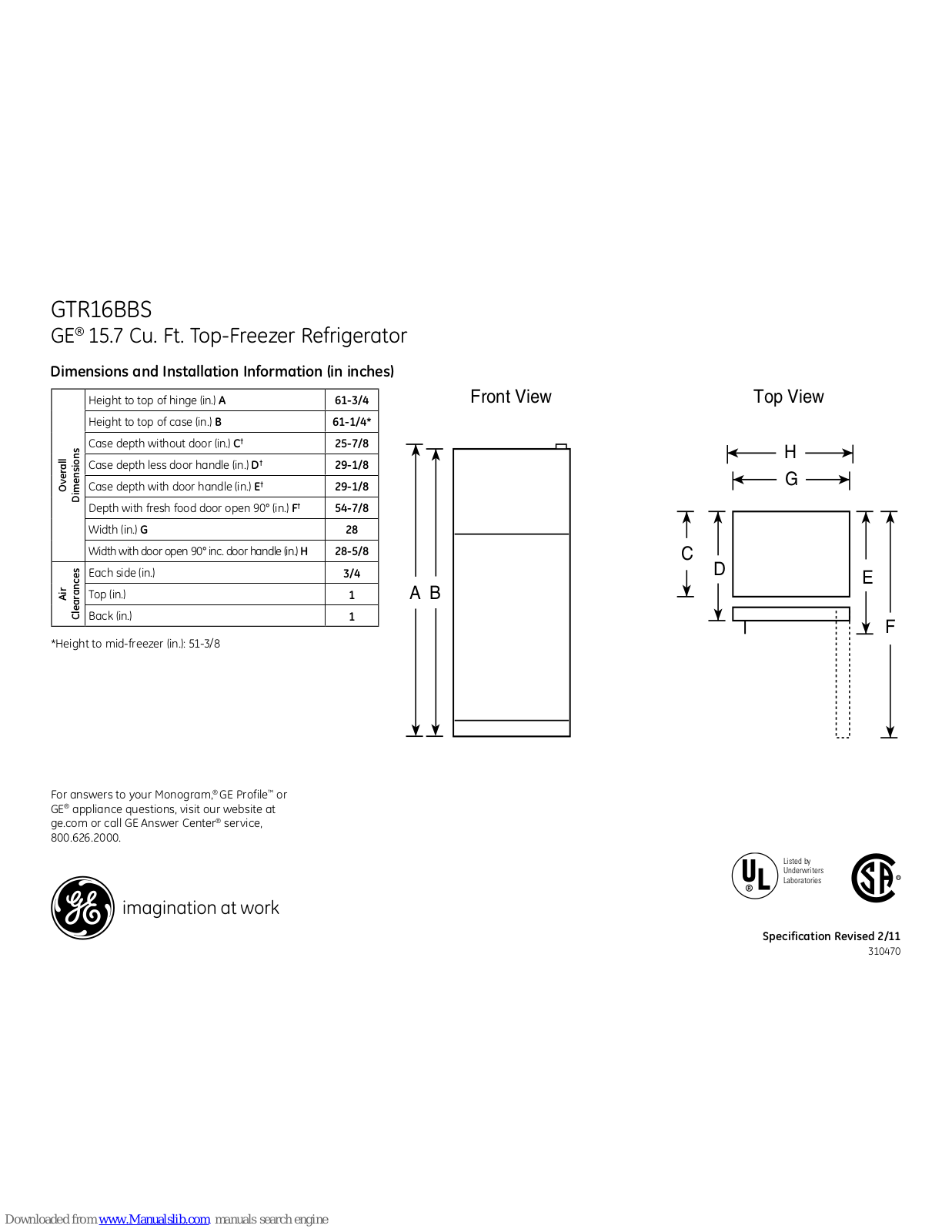 GE GTR16BBSRWW, GTR16BBS, GTR16BBSWW, GTR16BBSCC Dimensions And Installation Information