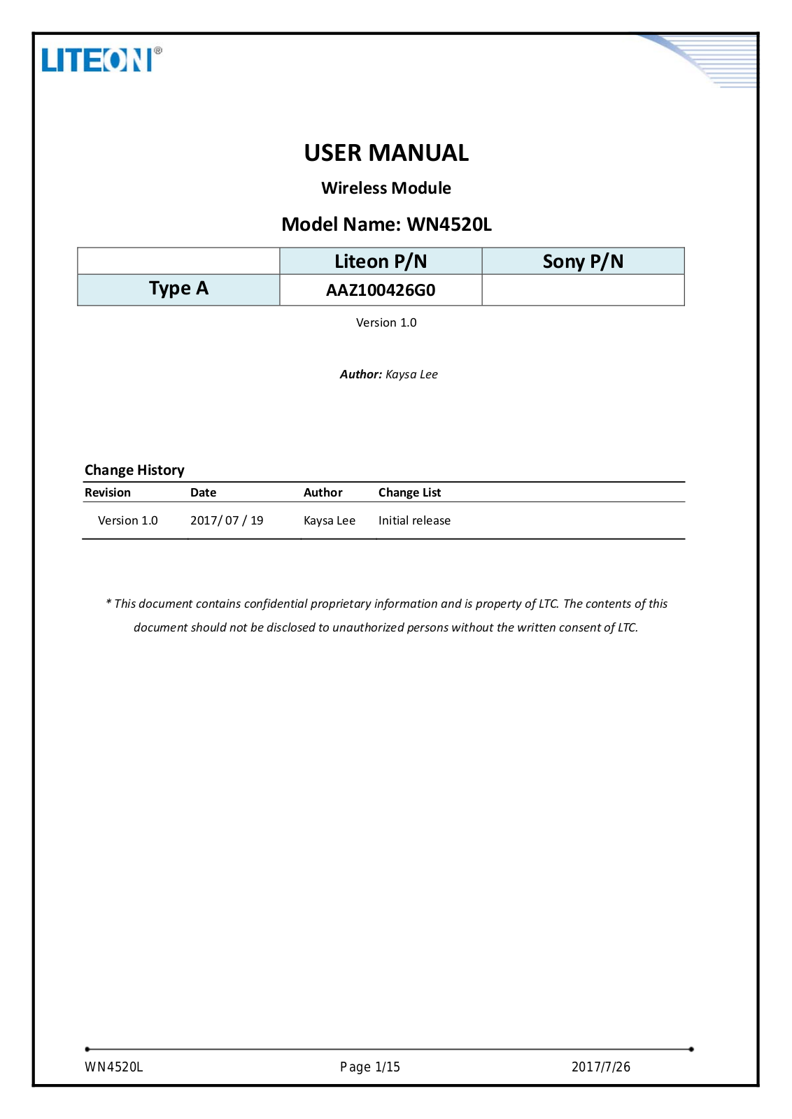 LITE ON TECHNOLOGY WN4520L User Manual