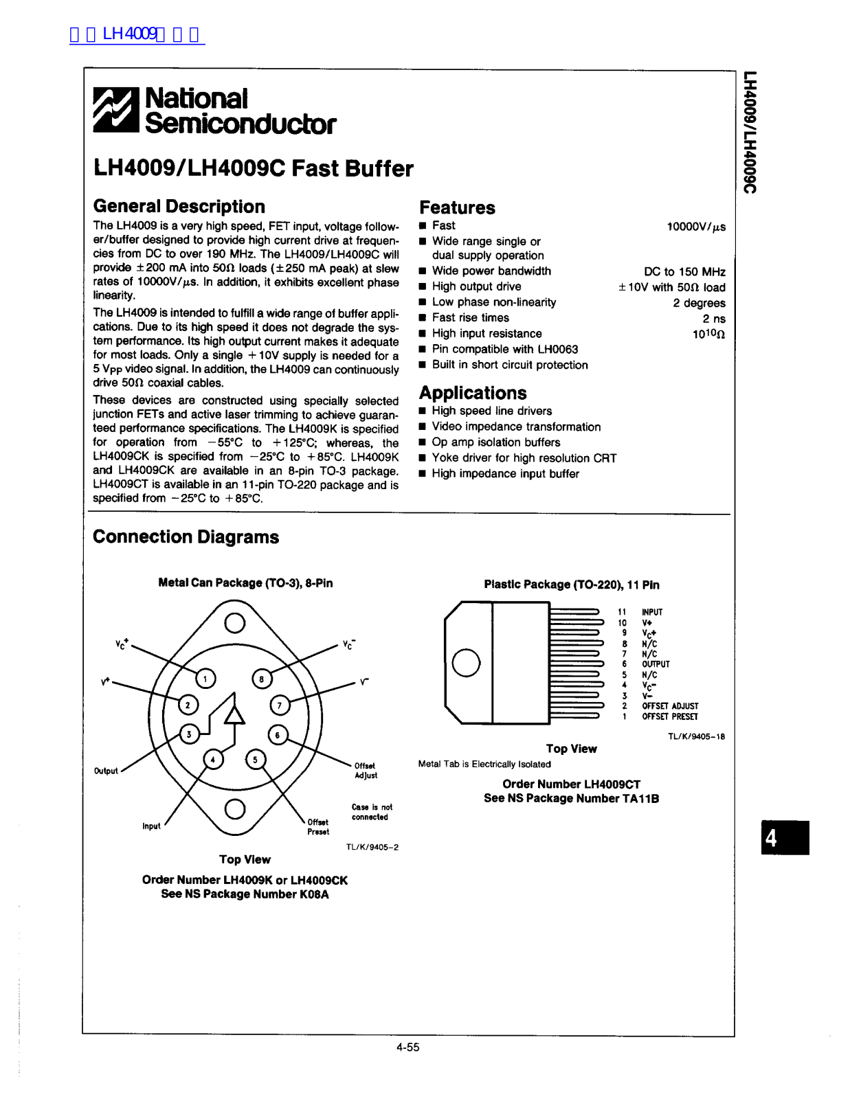 National Semiconductor LH4009, LH4009C Technical data