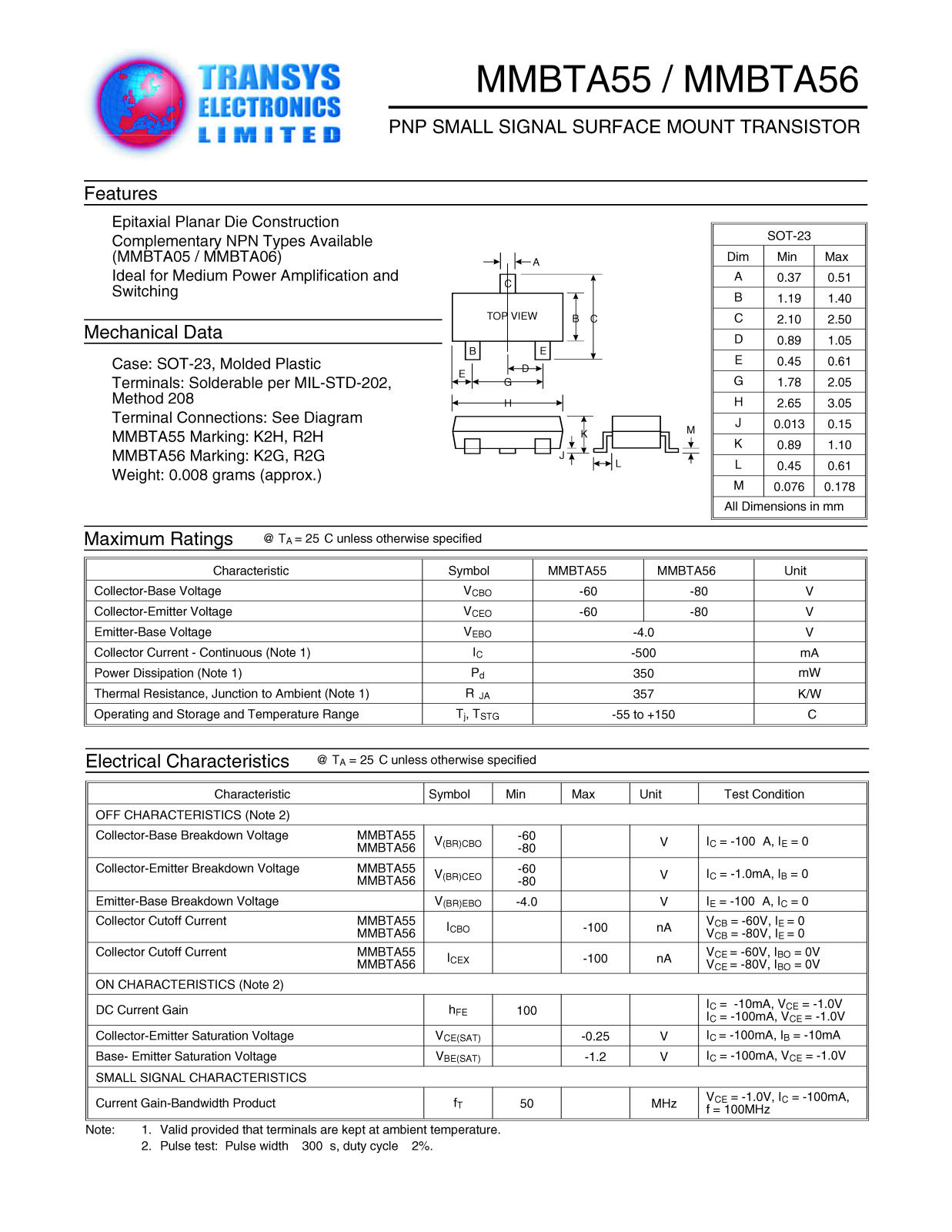 TEL MMBTA55, MMBTA56 Datasheet