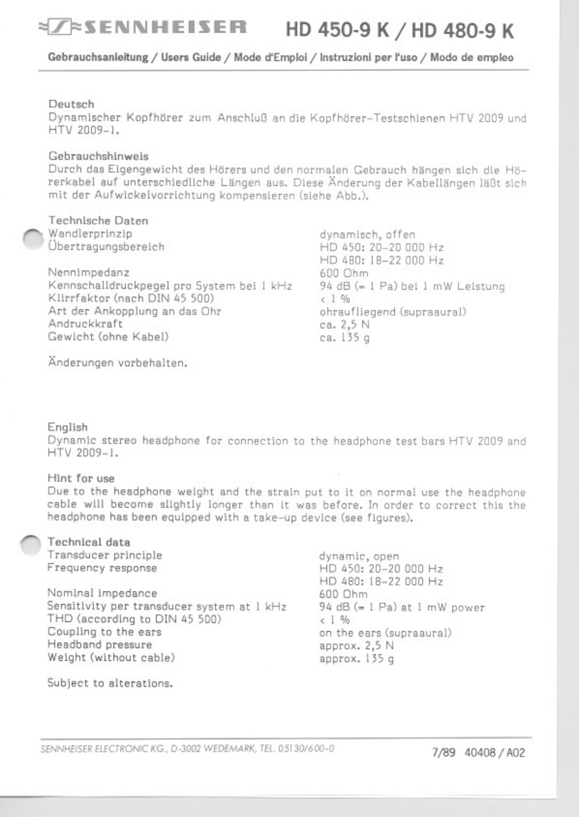 Sennheiser HD 450-9 K, HD 480-9 K User Manual