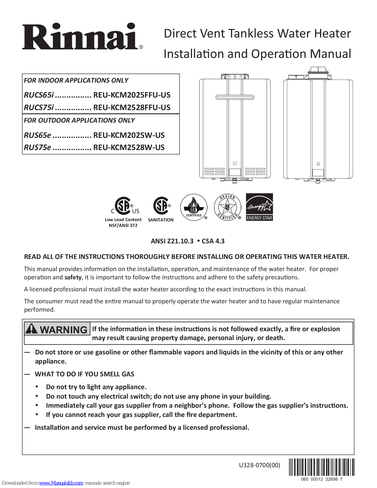 Rinnai RUCS65i, RUCS75i, RUS65e, RUS75e Installation And Operation Manual