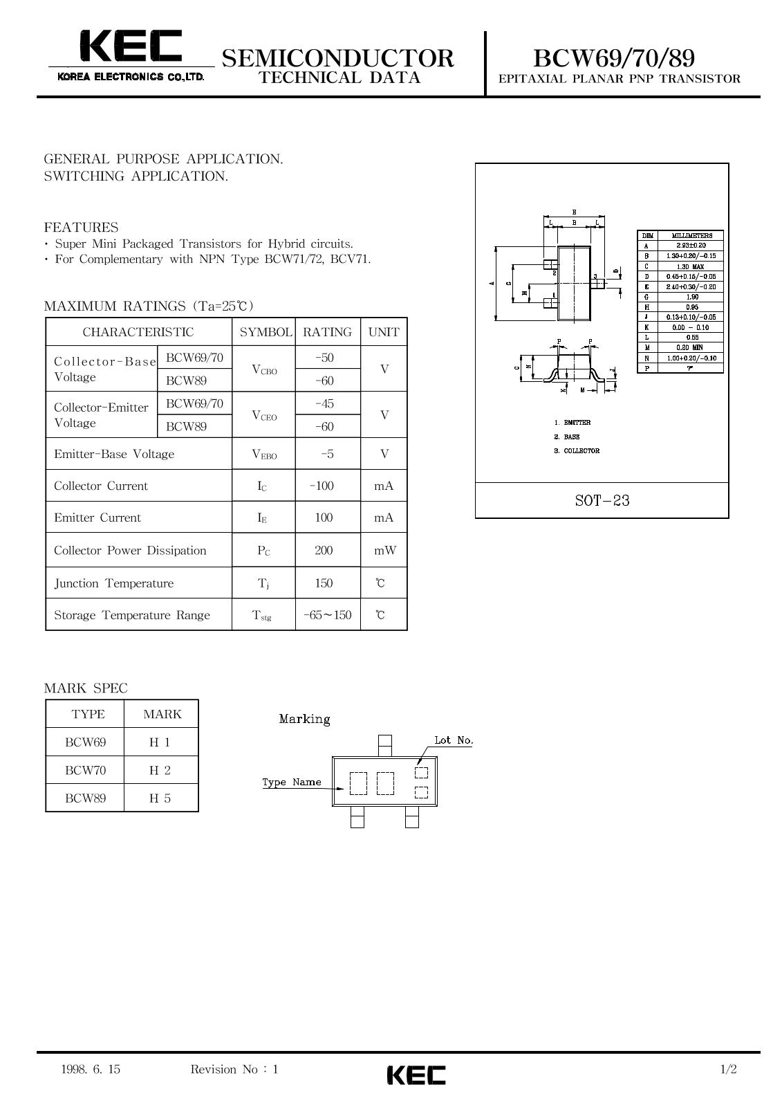 Korea Electronics Co  Ltd BCW89, BCW70, BCW69 Datasheet