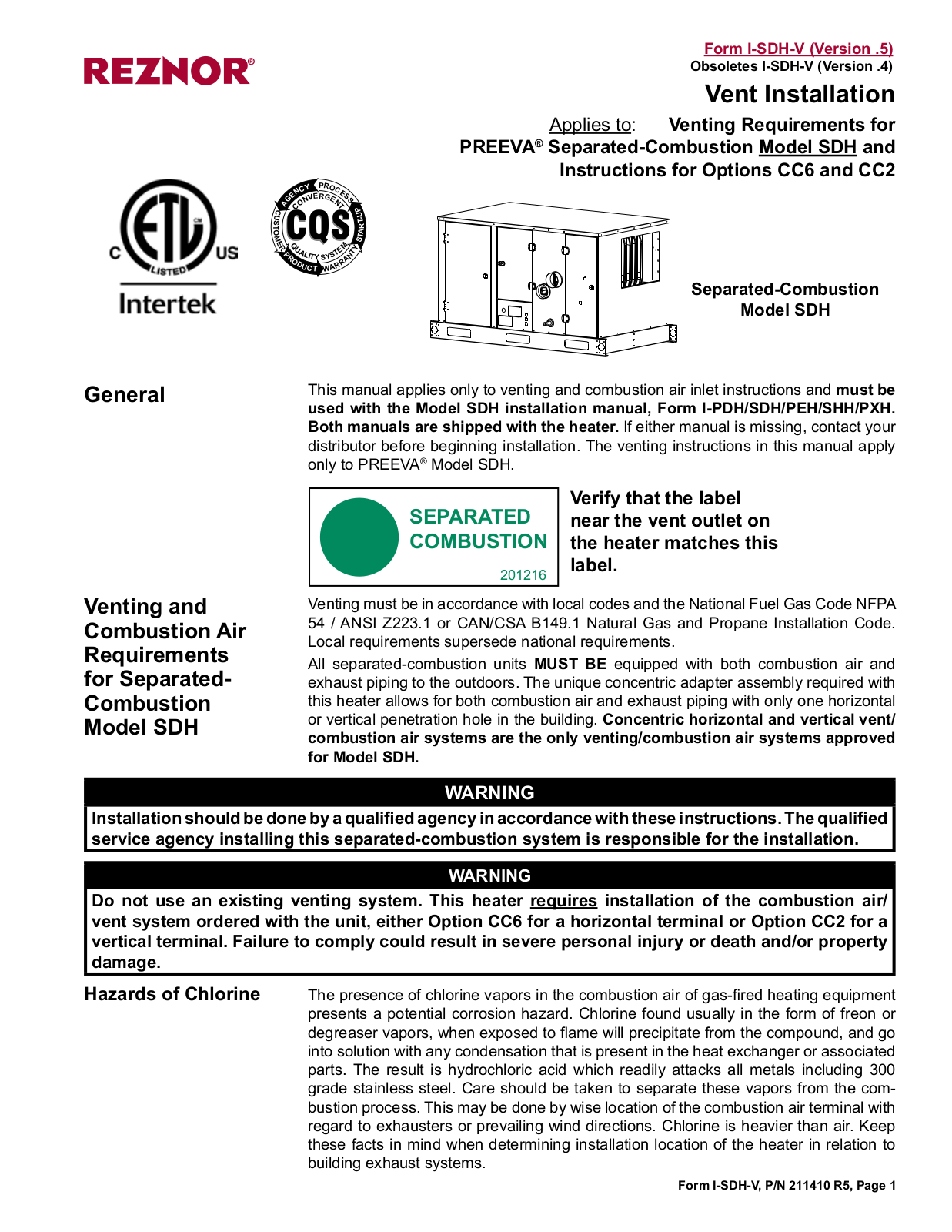 Reznor SDH Installation Manual