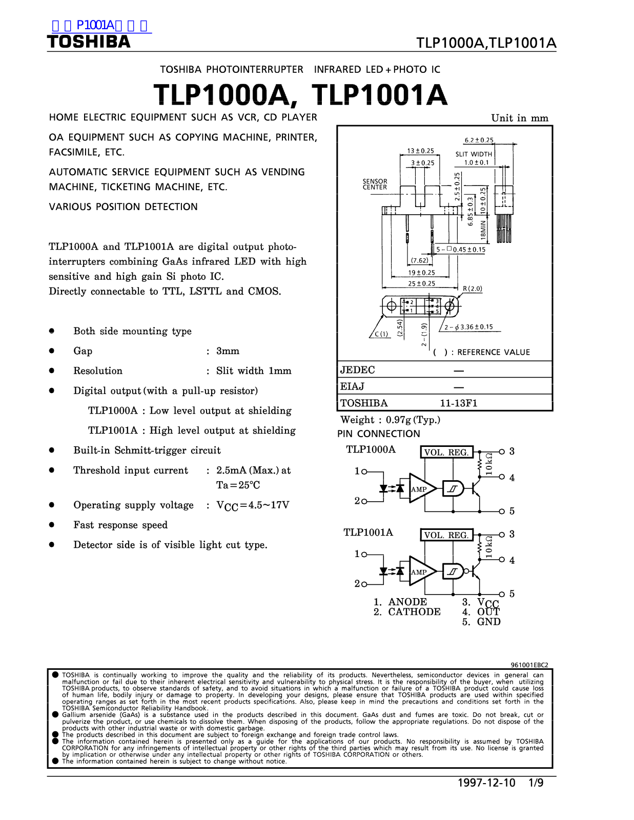 TOSHIBA TLP1000A, TLP1001A User Manual