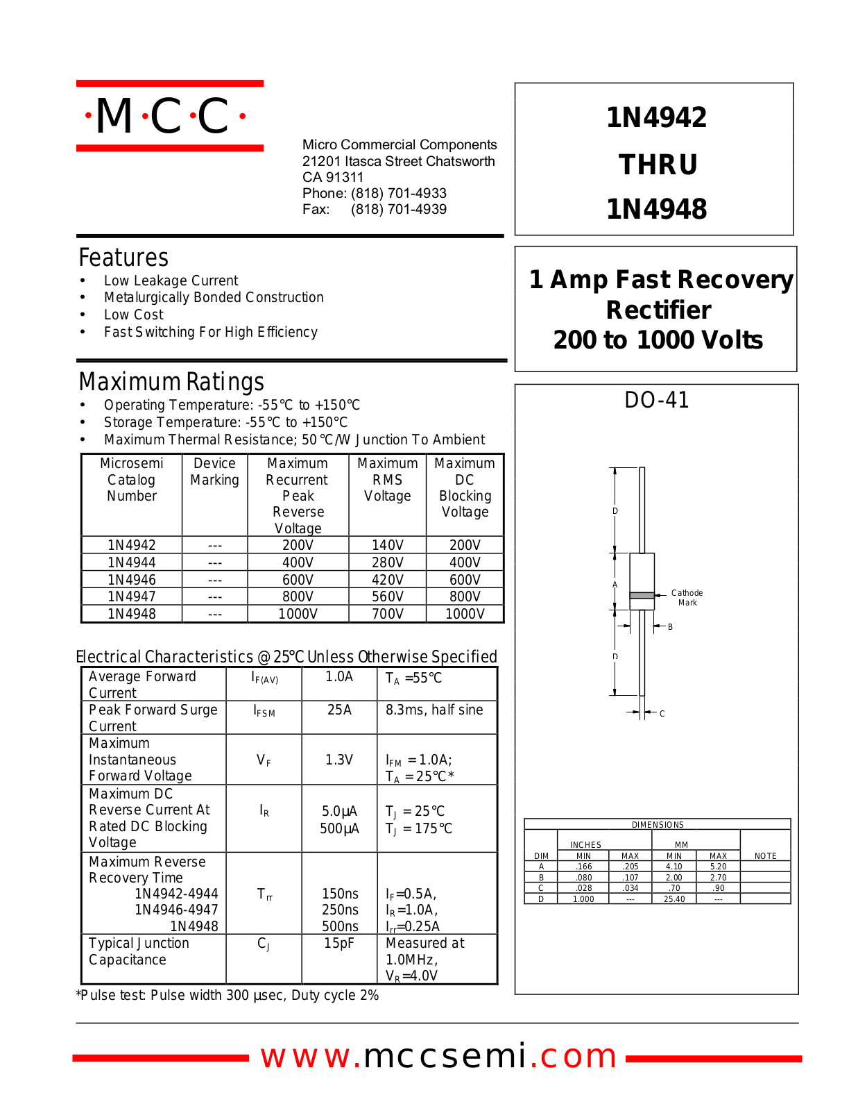 MCC 1N4948, 1N4947, 1N4946, 1N4944, 1N4942 Datasheet