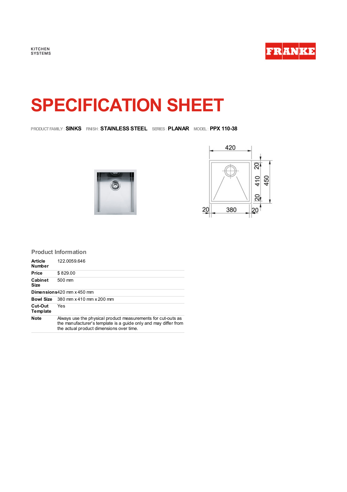 Franke Foodservice PPX 110-38 User Manual