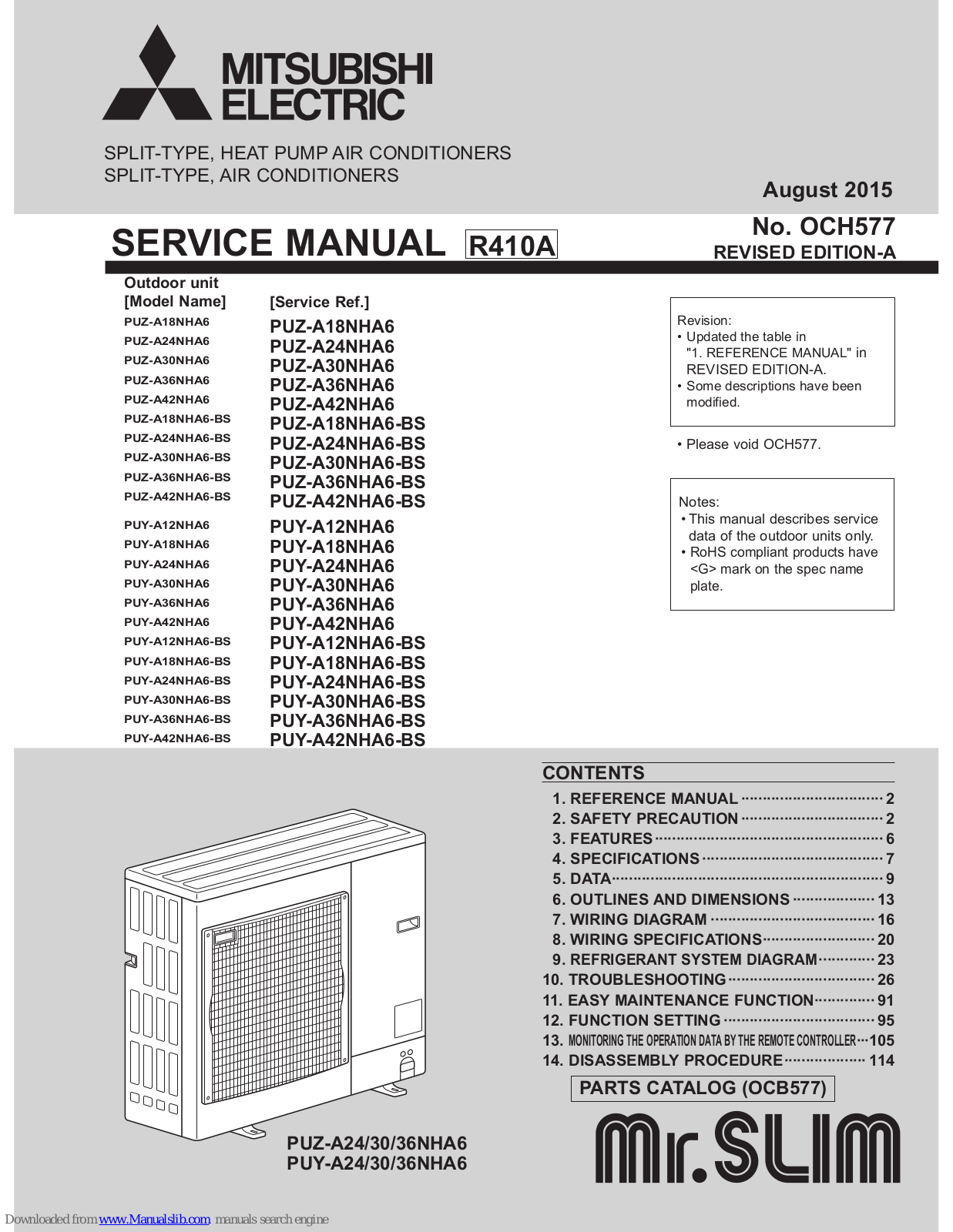 Mitsubishi PUZ-A42NHA6, PUZ-A24NHA6, PUZ-A18NHA6-BS, PUZ-A24NHA6-BS, PUZ-A30NHA6-BS Service Manual