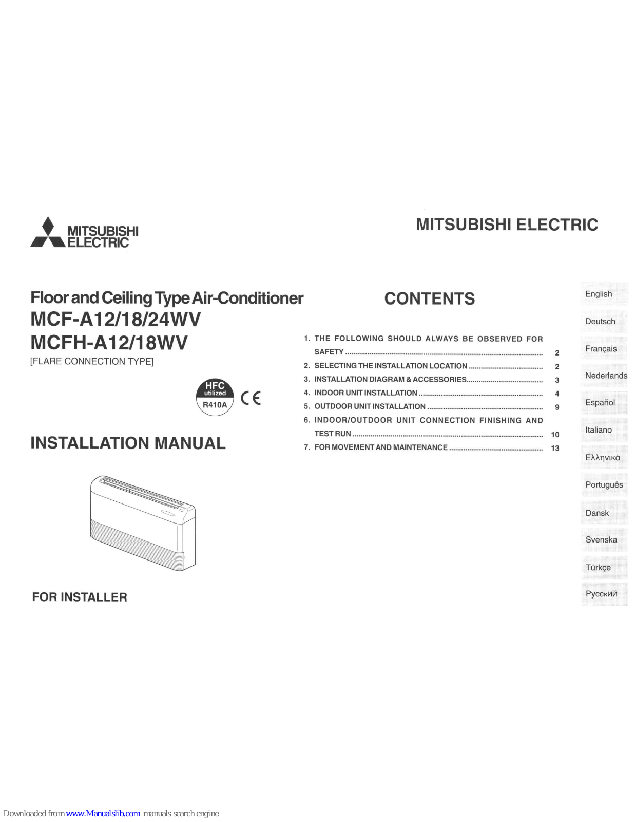 Mitsubishi MCF-A12, MCF-18, MCF-24WV, MCFH-A12, MCFH-18WV Installation Manual