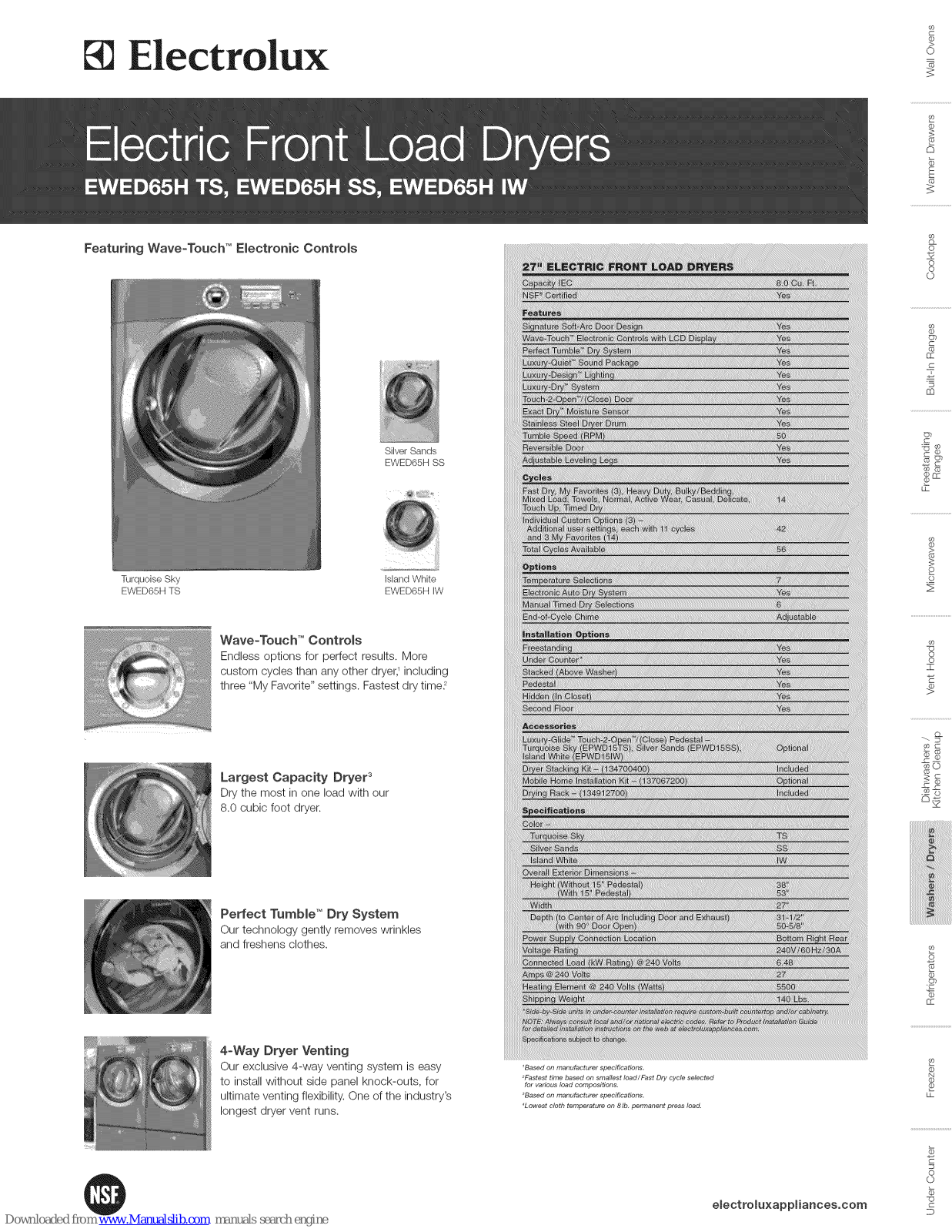 Electrolux EWED65H SS, EWED65H IW, EWED65H TS Specifications - ManualMachine.com