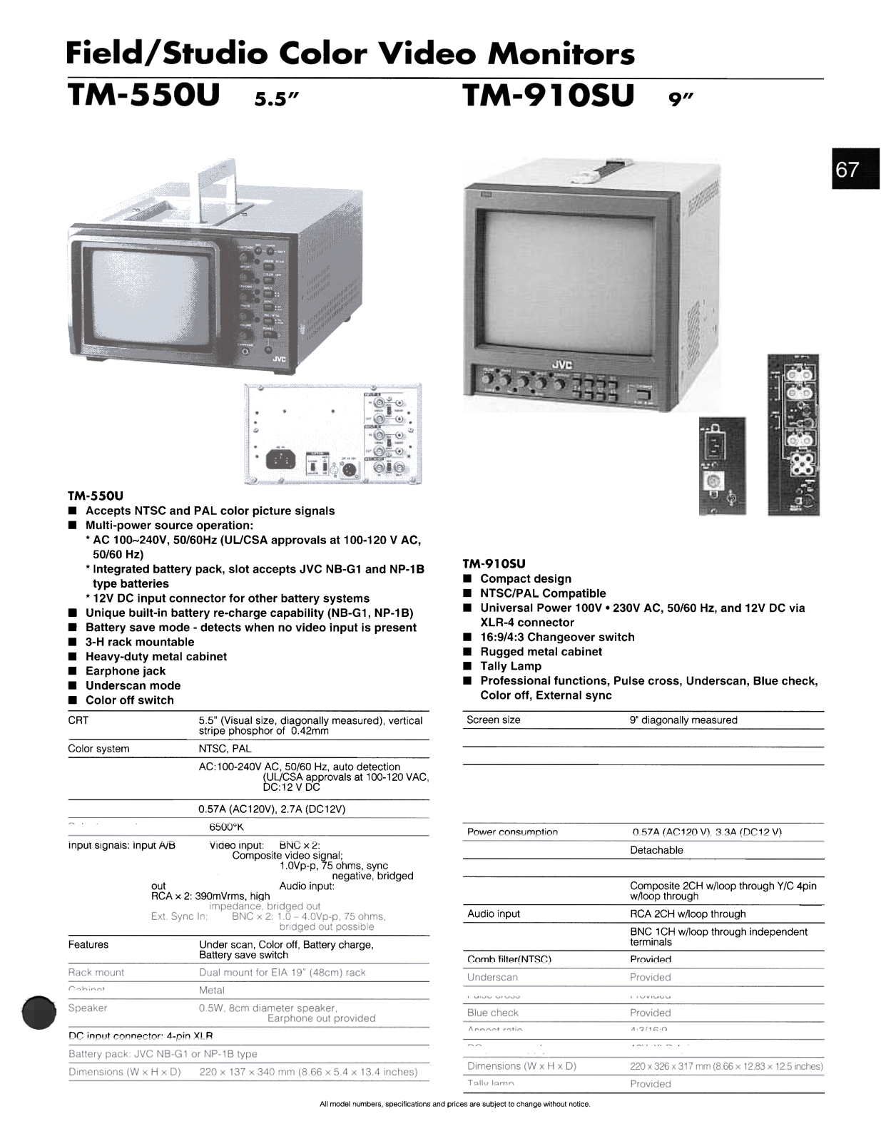 JVC TM-550U, TM-910SU Specification