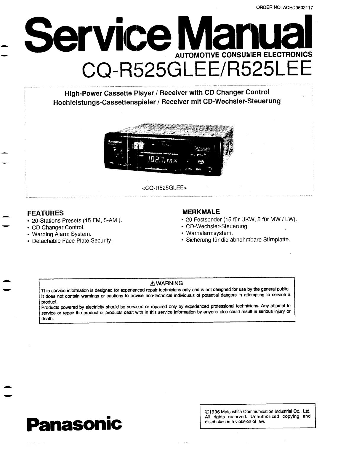 Panasonic CQR-525-LEE, CQR-525-GLEE Service manual