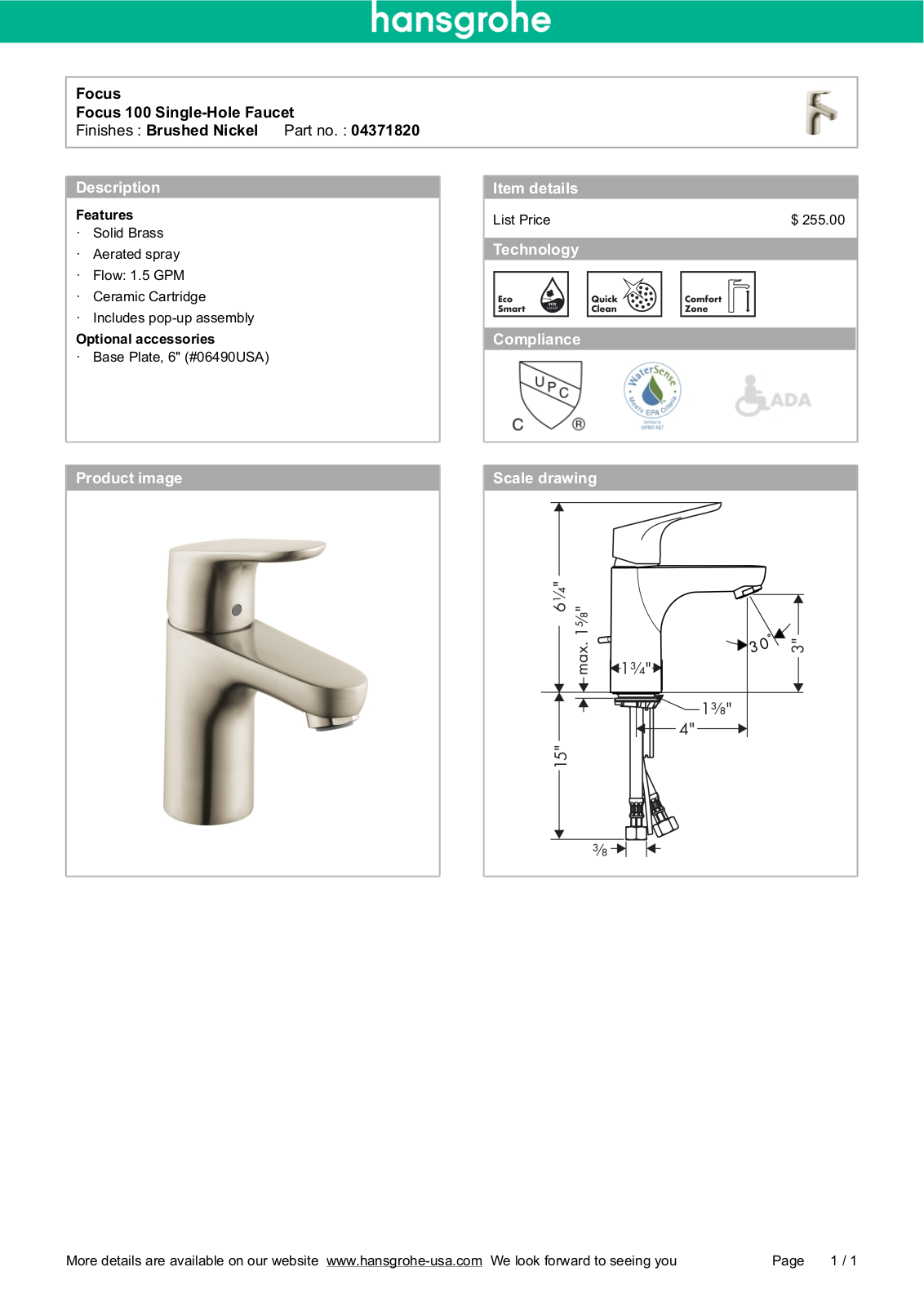 Hansgrohe 04371000 Specs