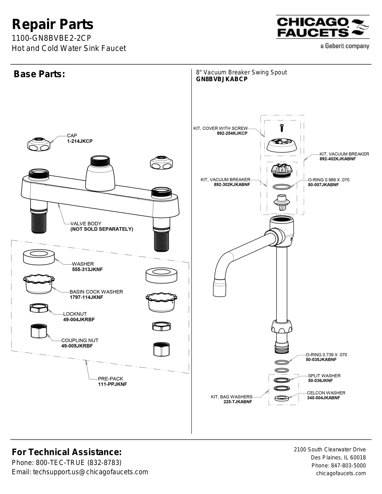 Chicago Faucet 1100-GN8BVBE2-2CP Parts List