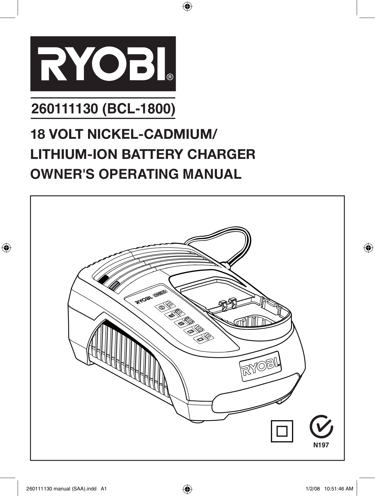 Ryobi 18V MONO PORT CHARGER DUAL CHEMISTRY BCL1800, BLK18151 User Manual