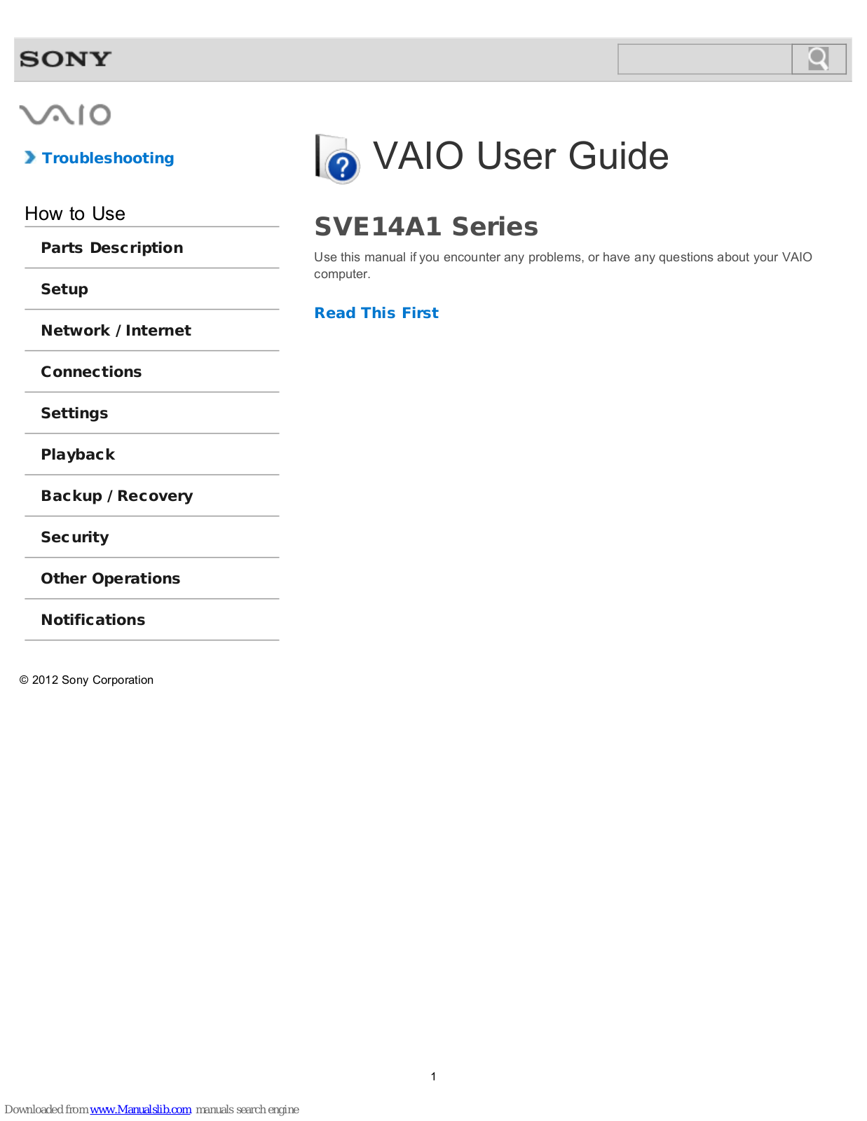 Sony SVE14A1HFXBC VAIO, SVE14A190X VAIO, SVE14A1HFXB VAIO, VAIO SVE14A1 Series User Manual