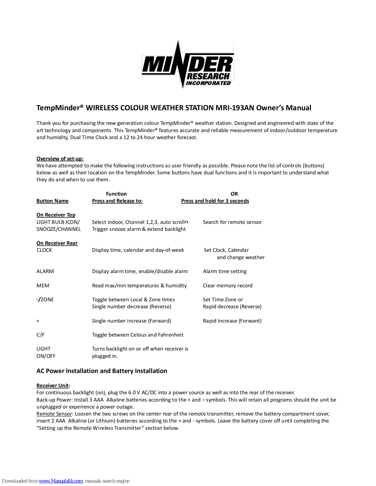 Minder Research MRI-193AN Owner's Manual