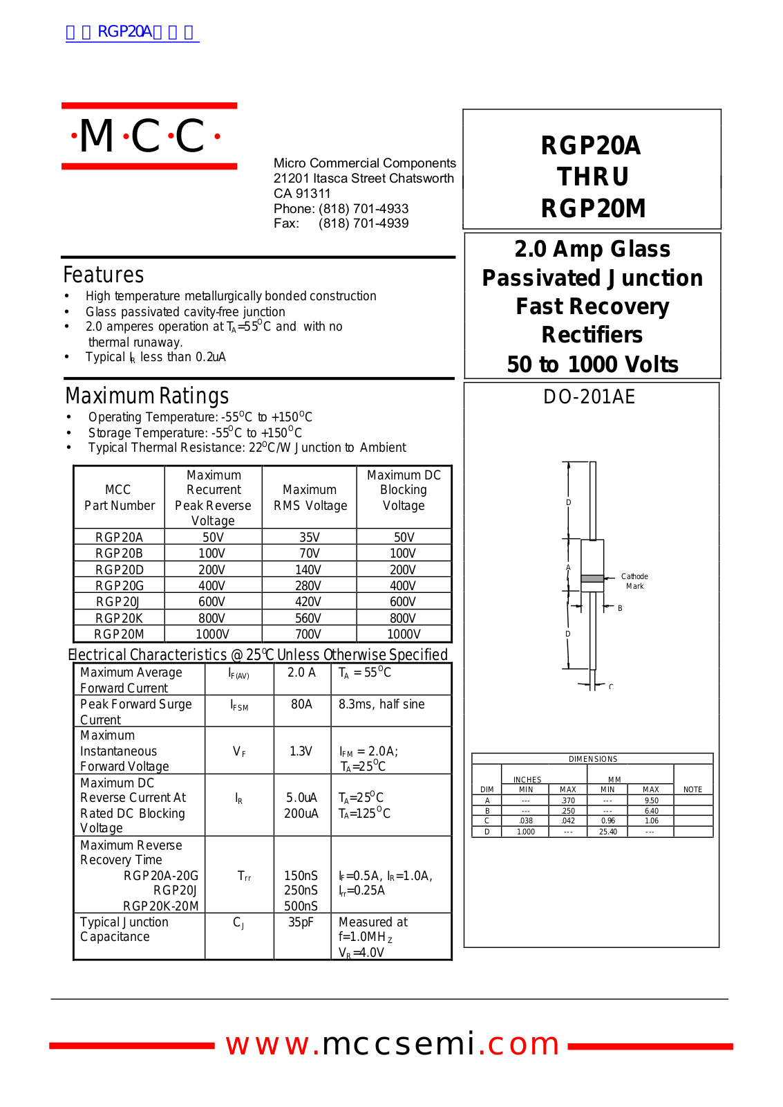 Micro Commercial Components RGP20A, RGP20M Technical data