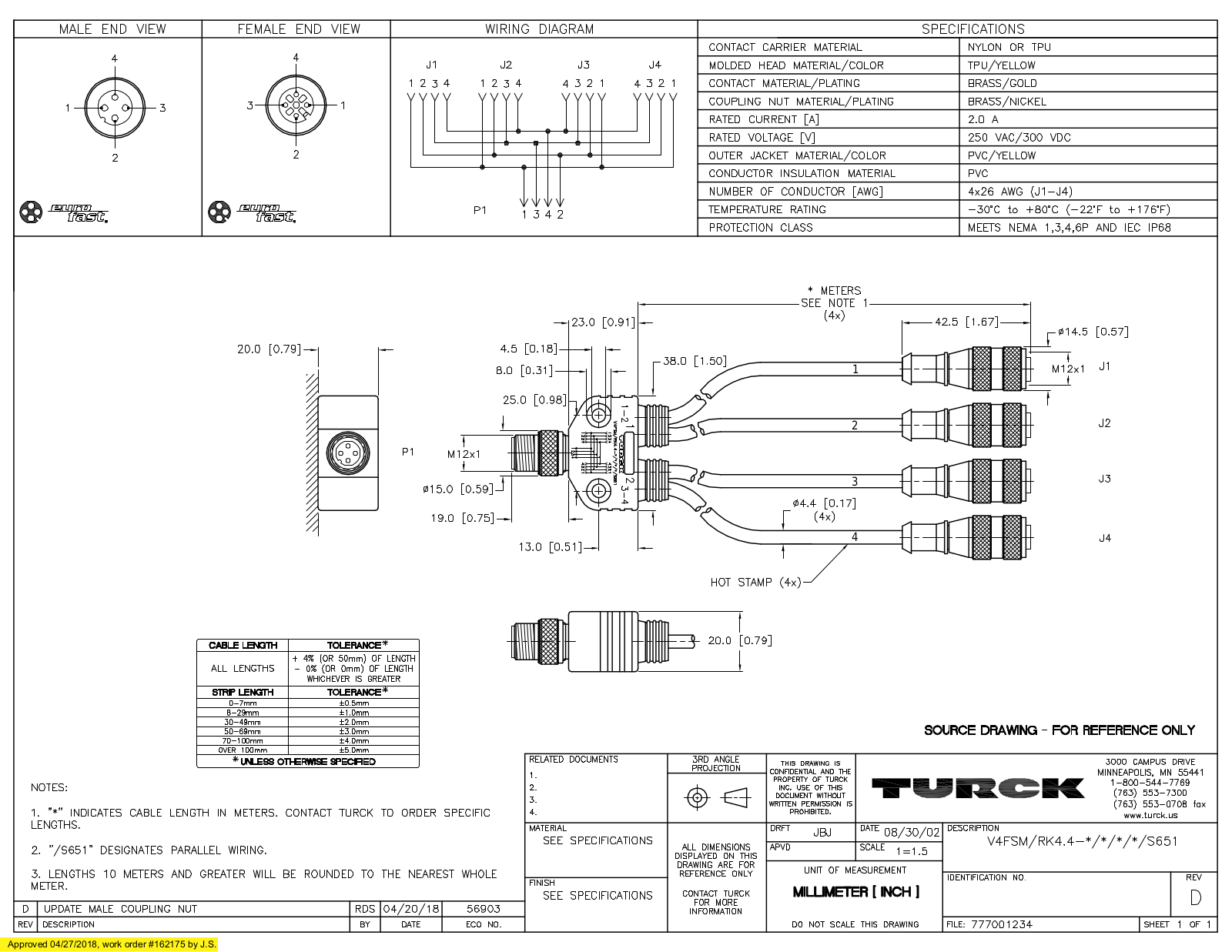 Turck V4FSM/RK4.4-1/1/1/1/S651 Specification Sheet