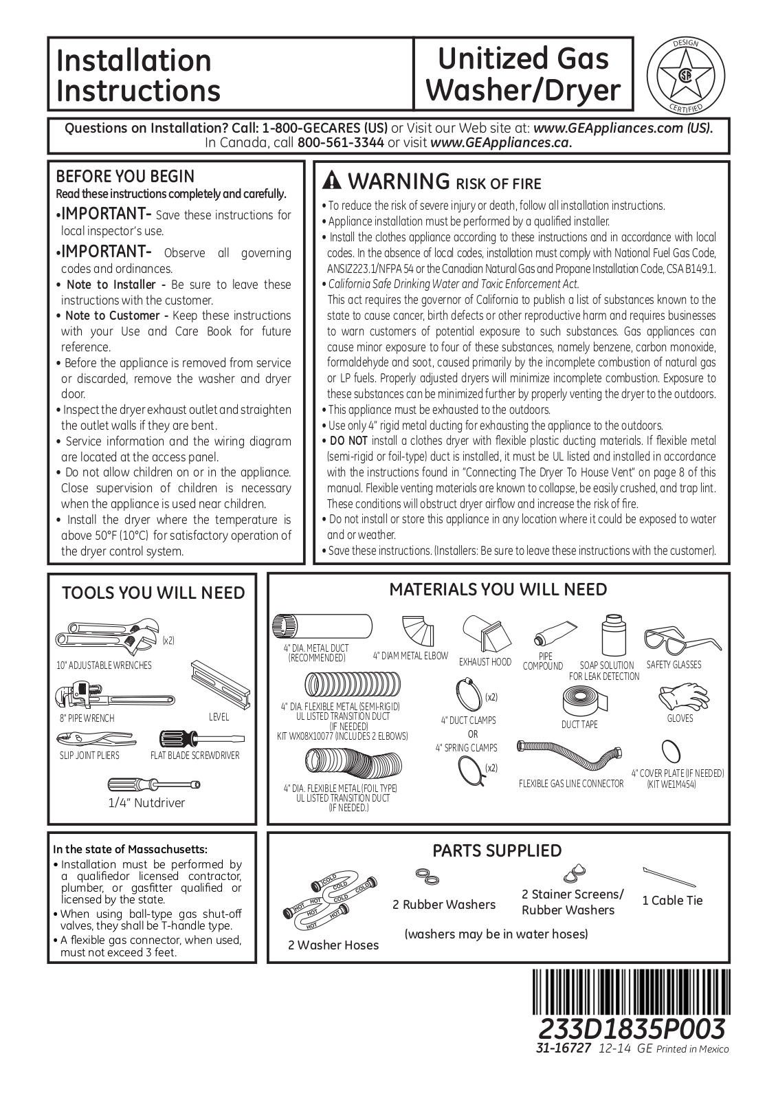 GE Appliances GUD24ESSJ, GUD24GSSJ Installation Manual