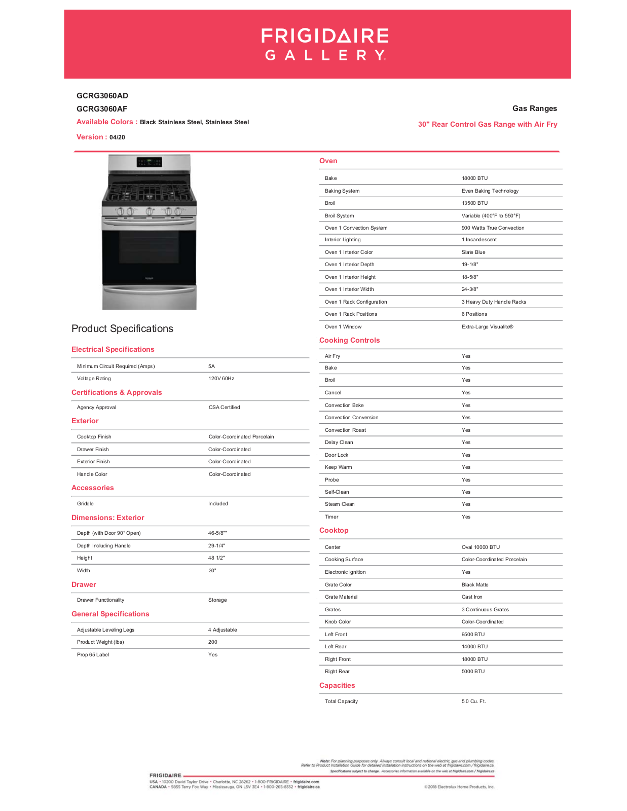 Frigidaire GCRG3060AF, GCRG3060AD Specifications