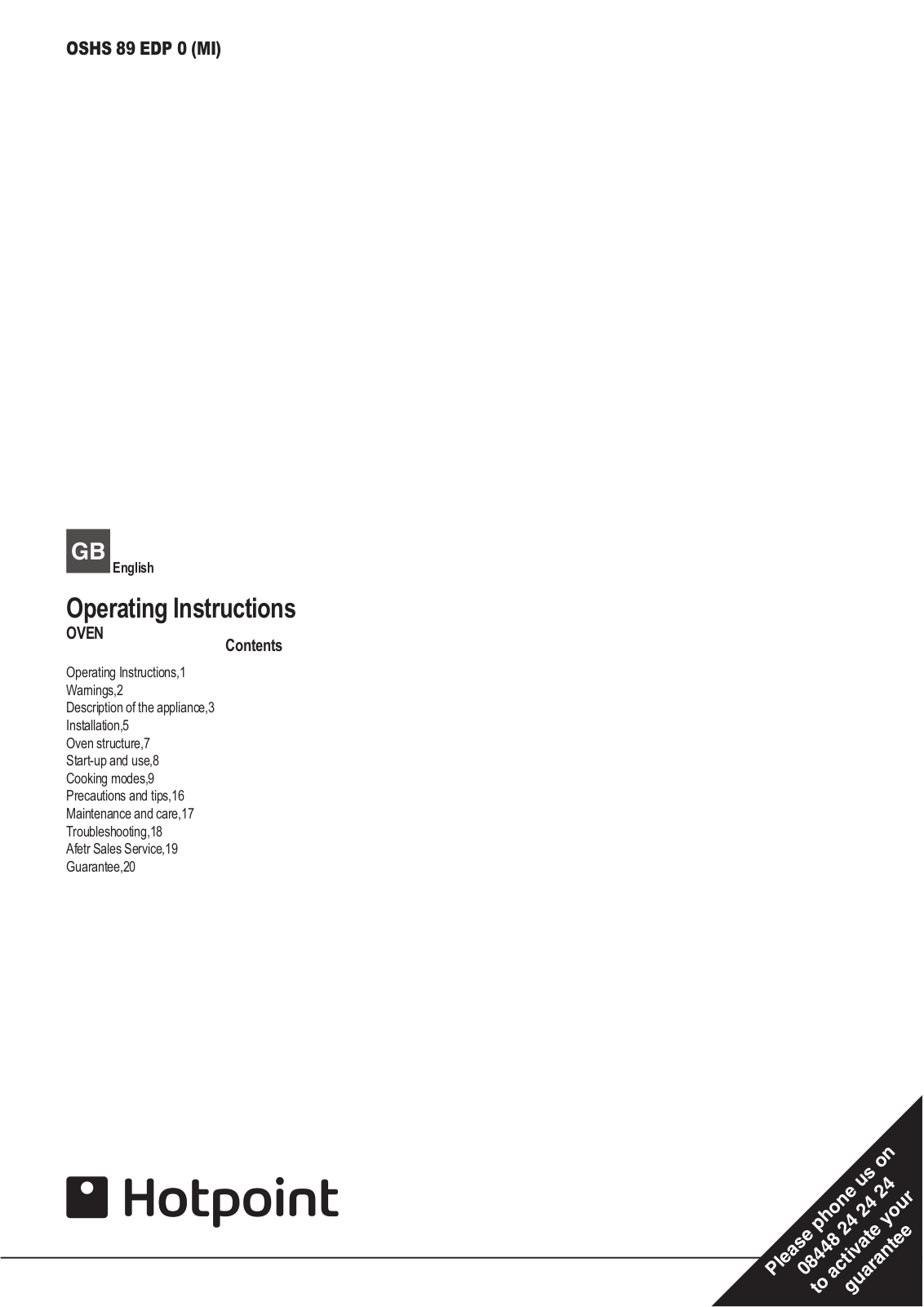 Hotpoint OSHS89EDP0 Instruction booklet