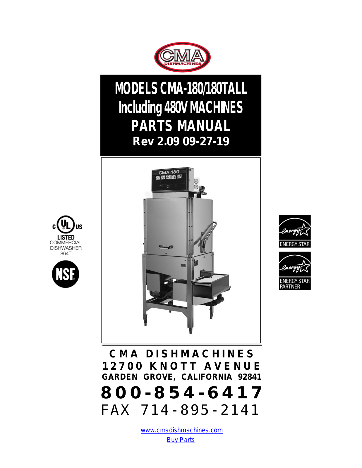 CMA Dish Machines CMA-180 Parts Manual