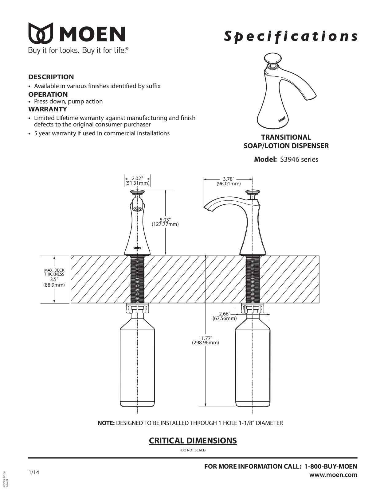 Moen S3946C Specs