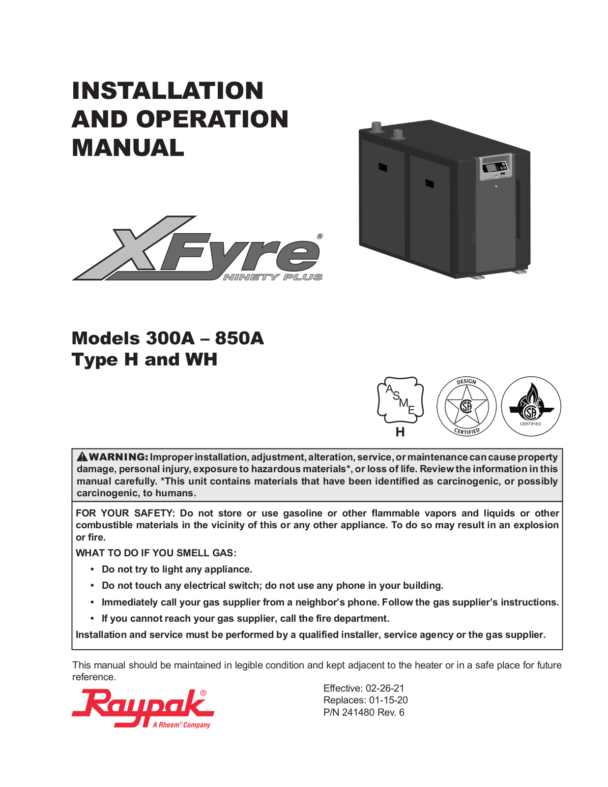 Raypak 300A, 850A Installation Manual