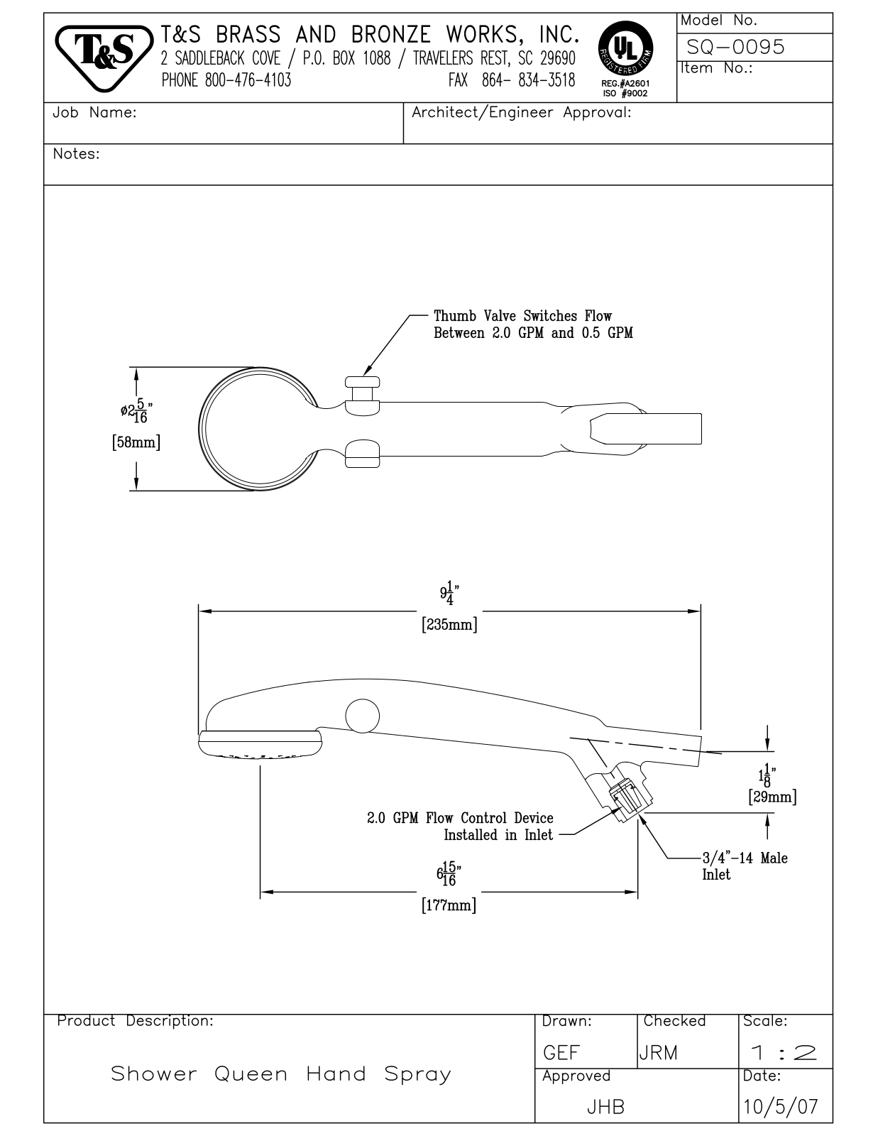 T&S Brass SQ-0095 User Manual