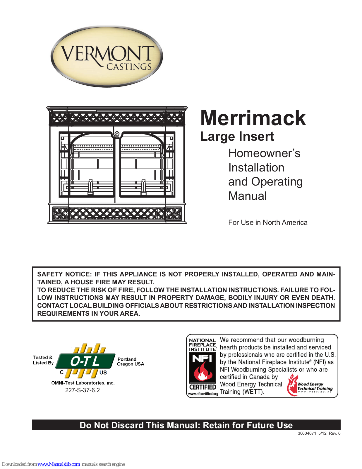 Vermont Castings Merrimack, Merrimack Large Insert Homeowner's Installation And Operating Manual