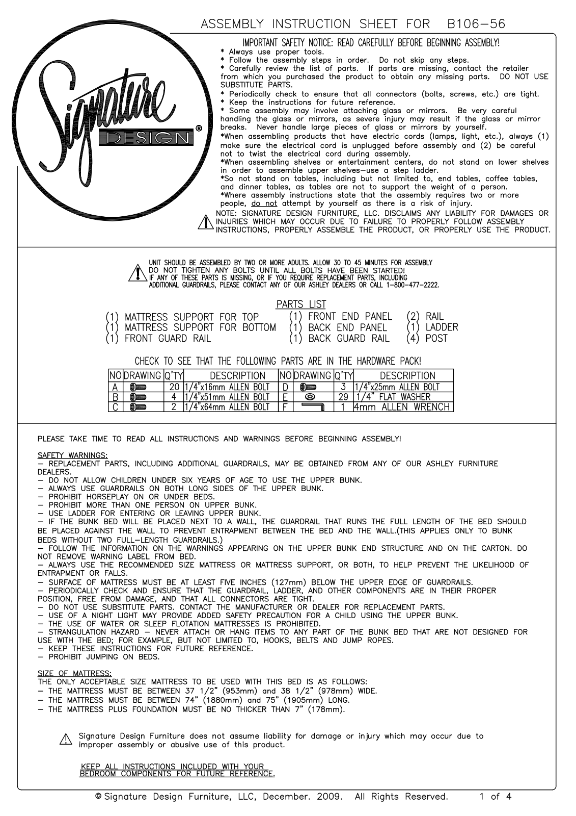 Ashley B10656 Installation Manual