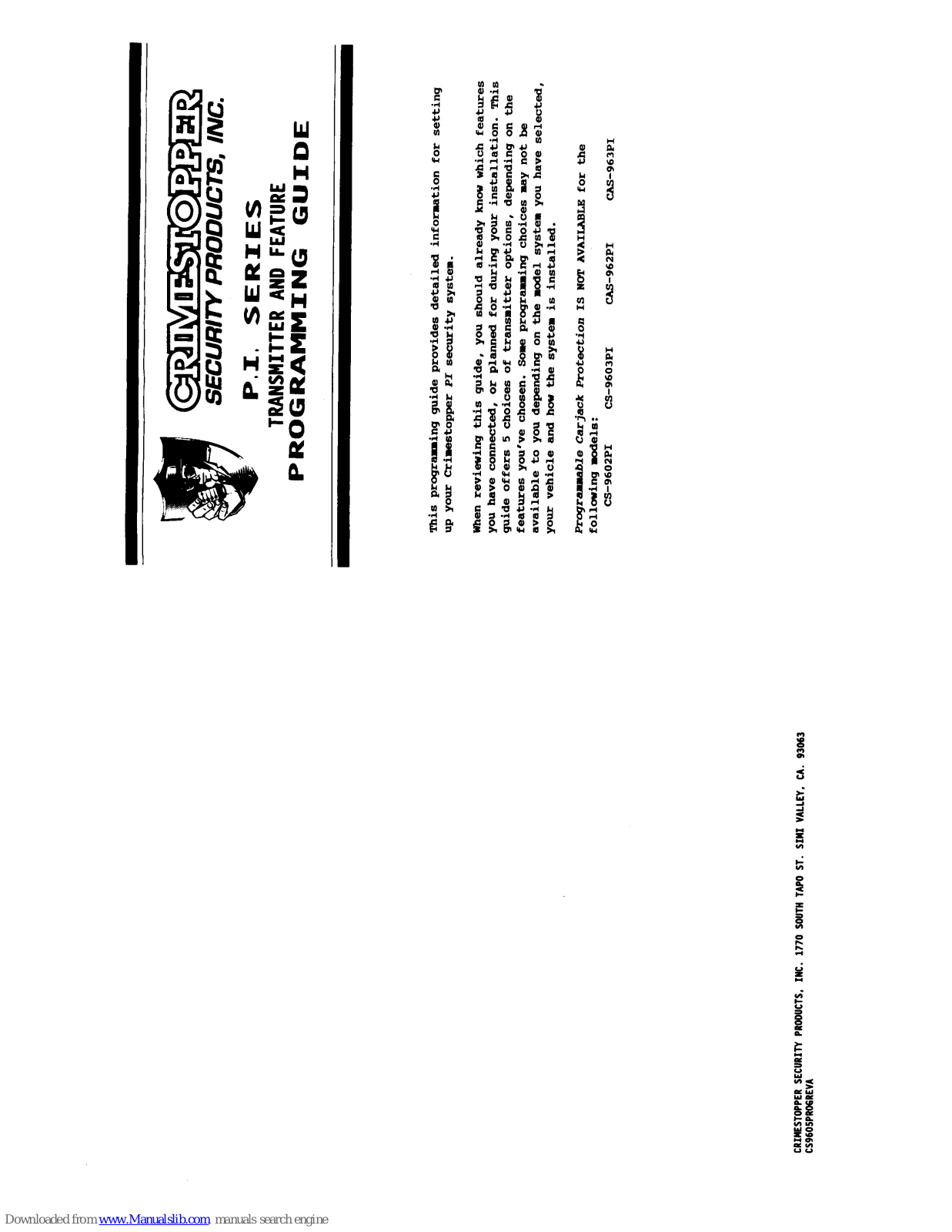 CrimeStopper CS-9602PI Programming Manual