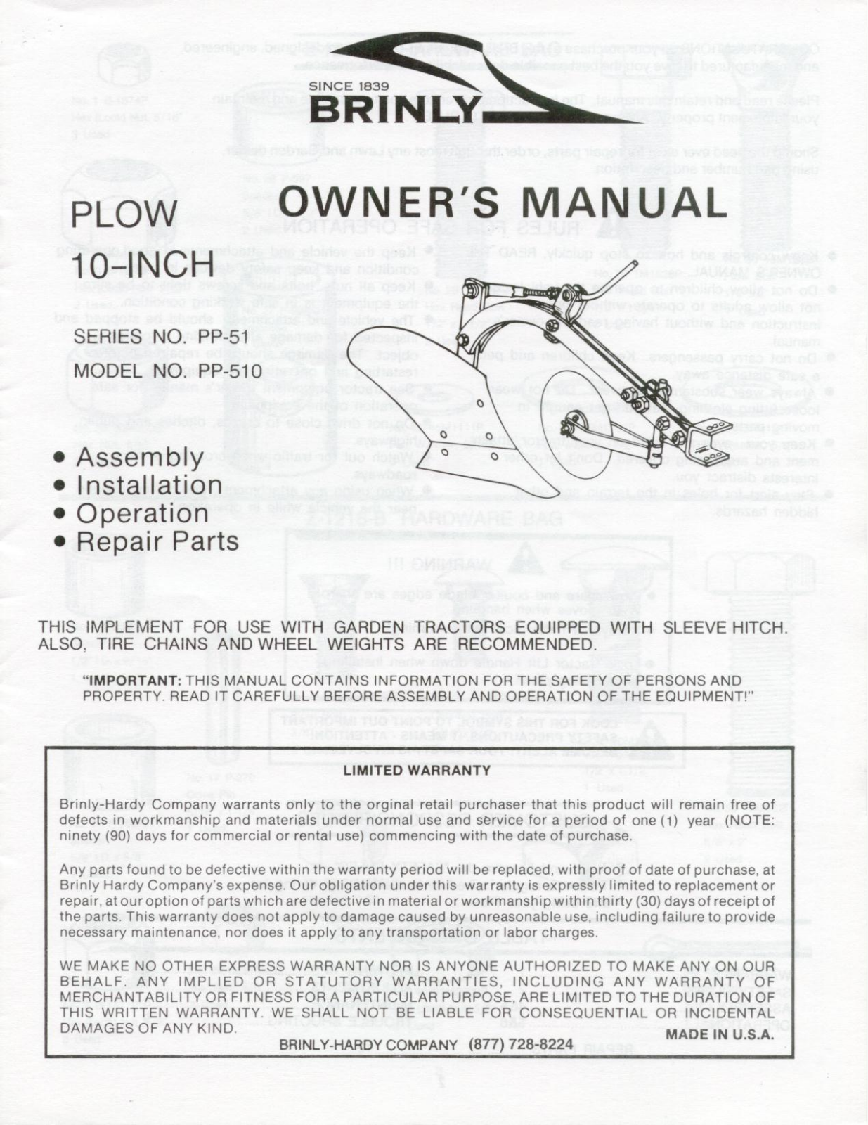 Brinly-Hardy PP-510, PP-51 User Manual