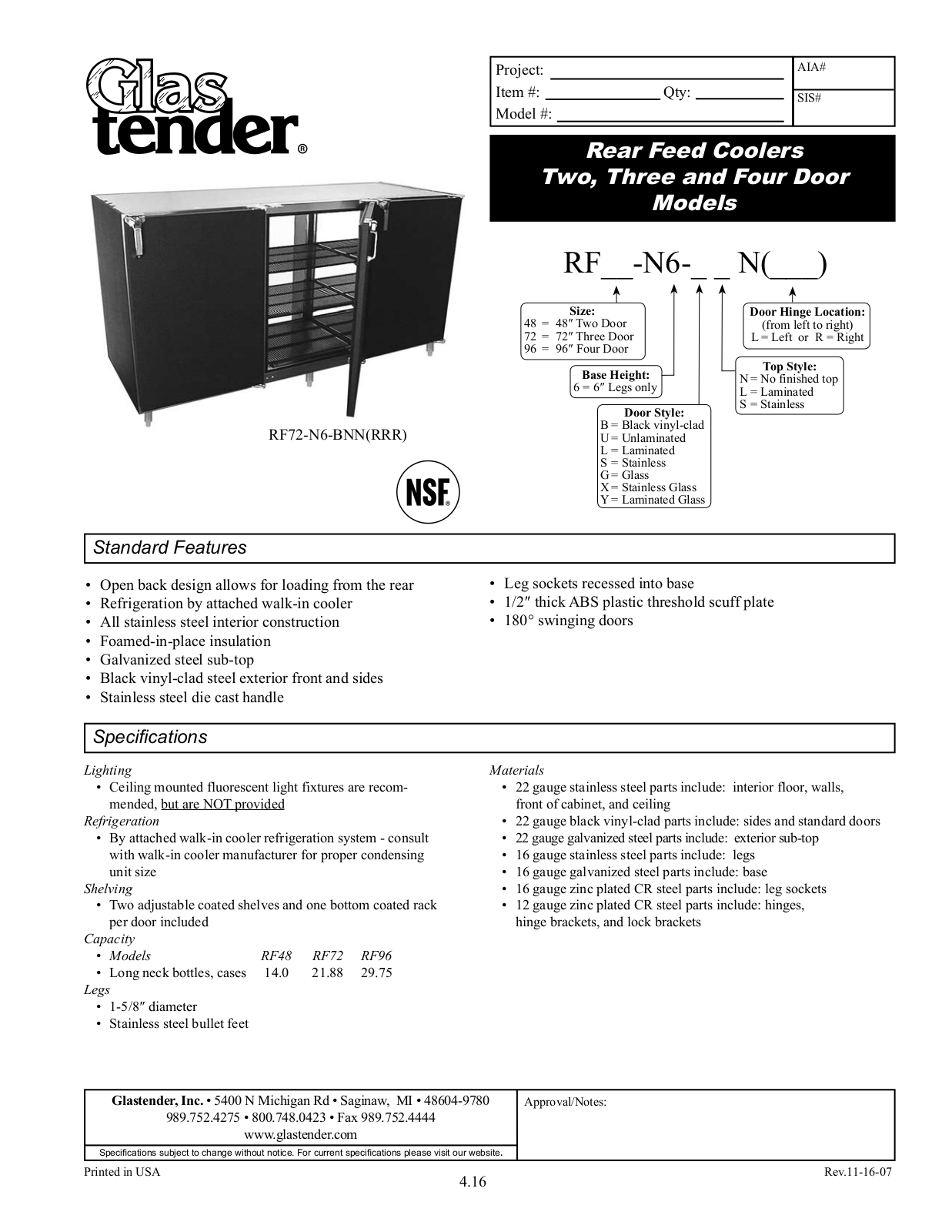 Glastender RF72, RF72-N6-BNN-RRR User Manual