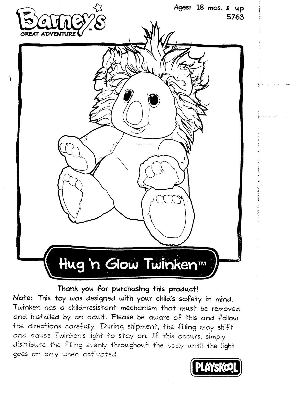 HASBRO Barney's Great Adventure Hug 'N Glow Twinken User Manual