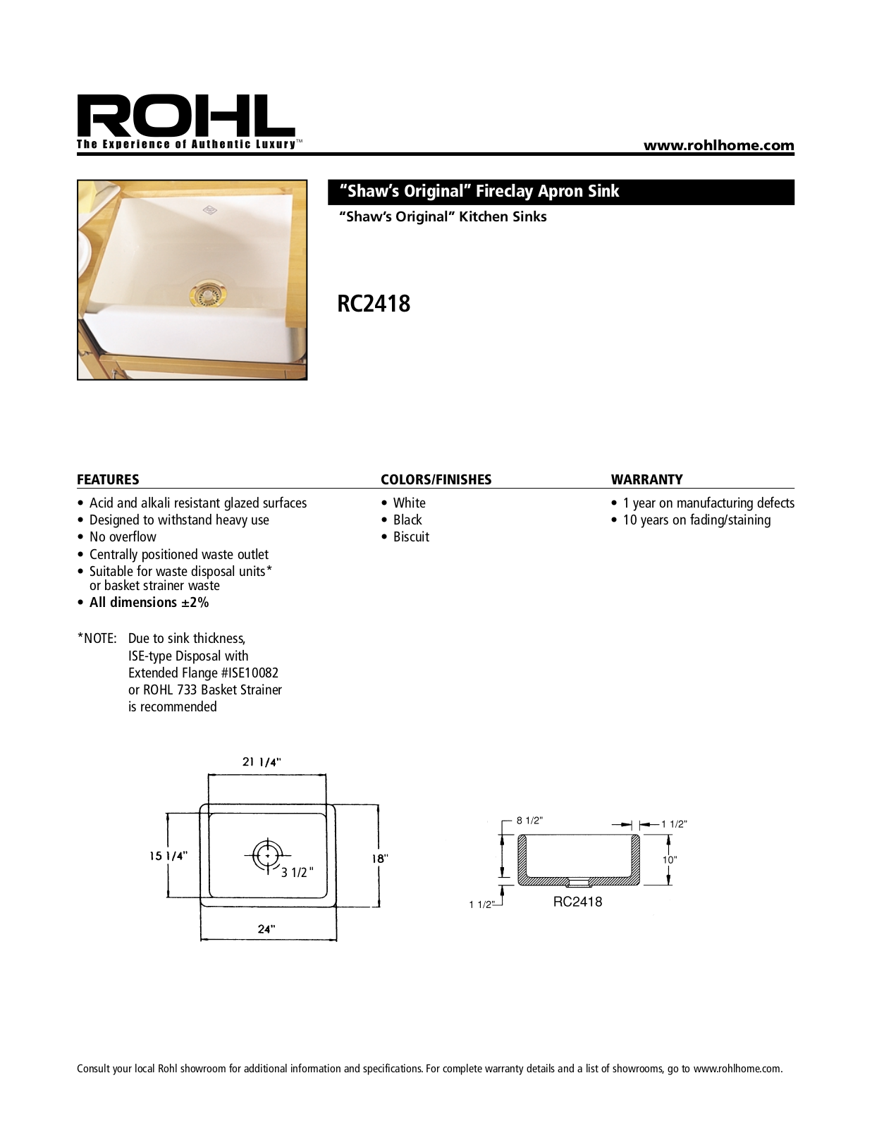 Rohl RC2418 Specification Sheet