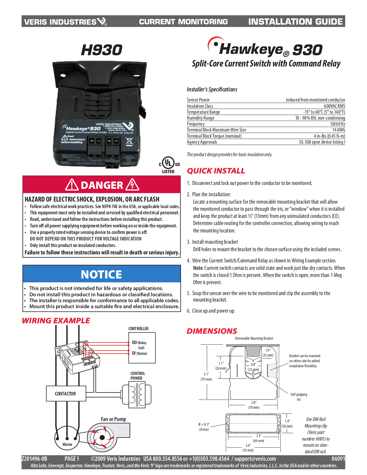 Veris H930 Installation Instructions