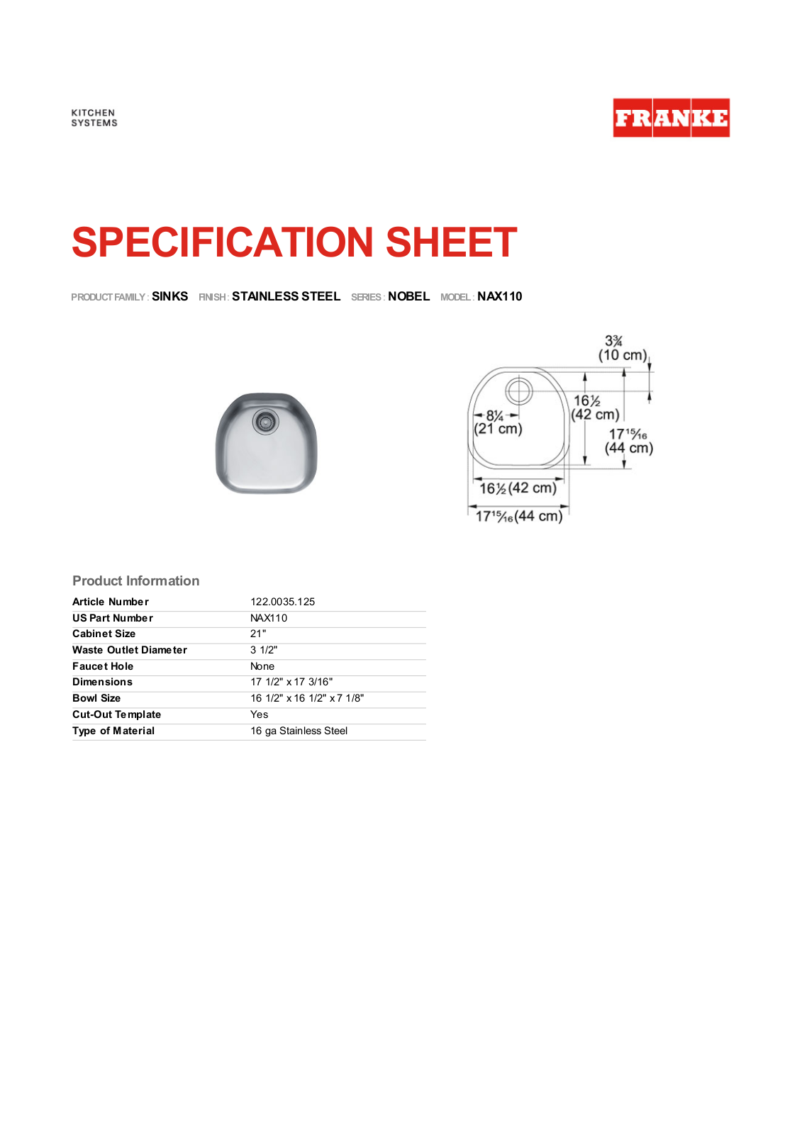 Franke Foodservice NAX110 User Manual