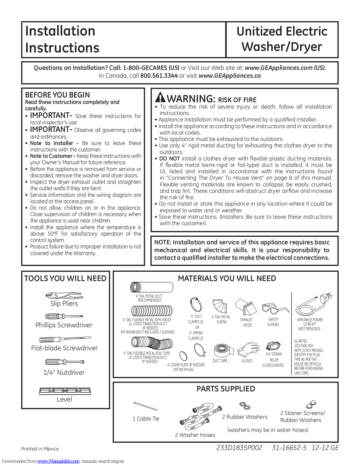 GE Unitized Electric Washer/Dryer, GUD24, GUD27, GUD24ESSJWW, GUD27ESSJWW Installation Instructions Manual