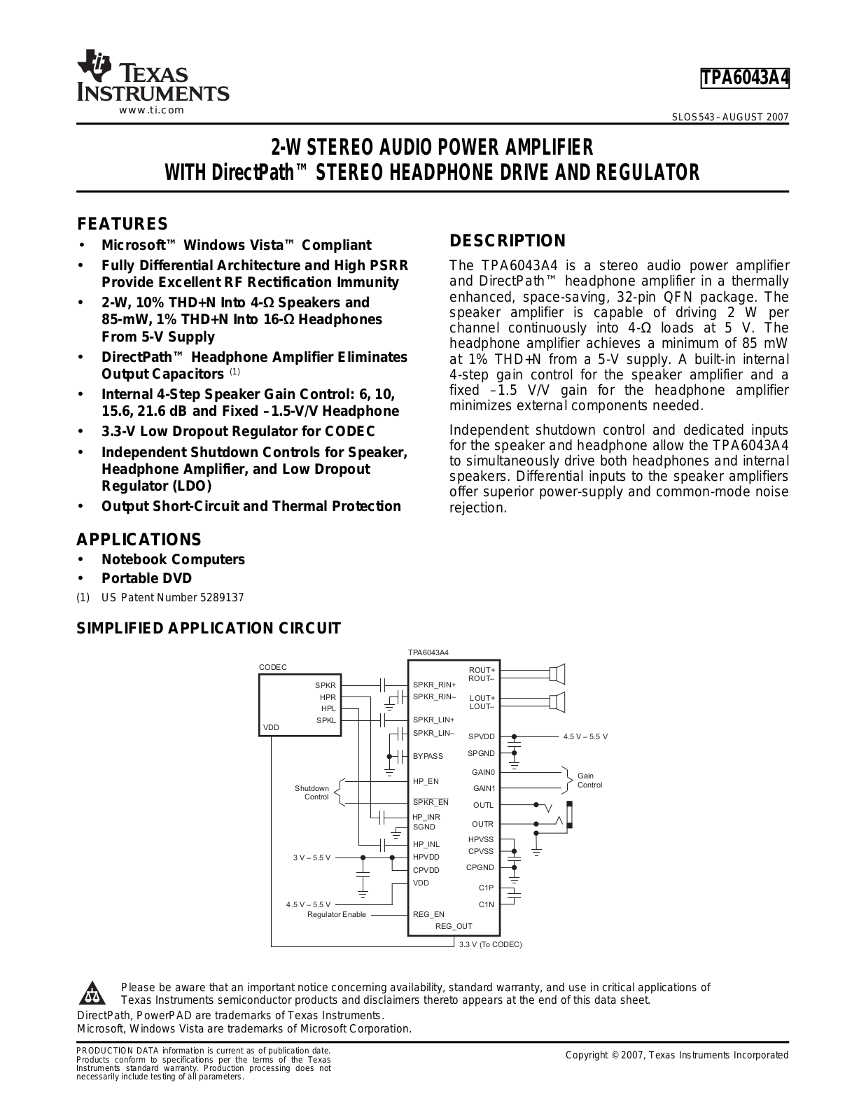 TEXAS INSTRUMENTS TPA6043A4 Technical data