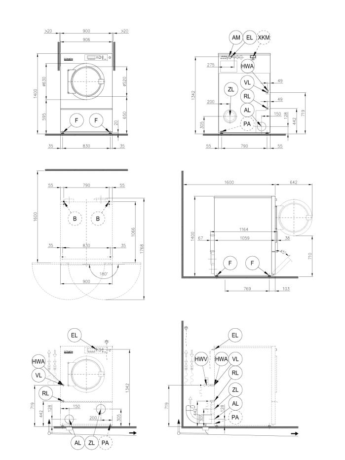 Miele PT 8333, PT 8337 HW, PT 8403, PT 8407 HW, PT 8503 Installation plan